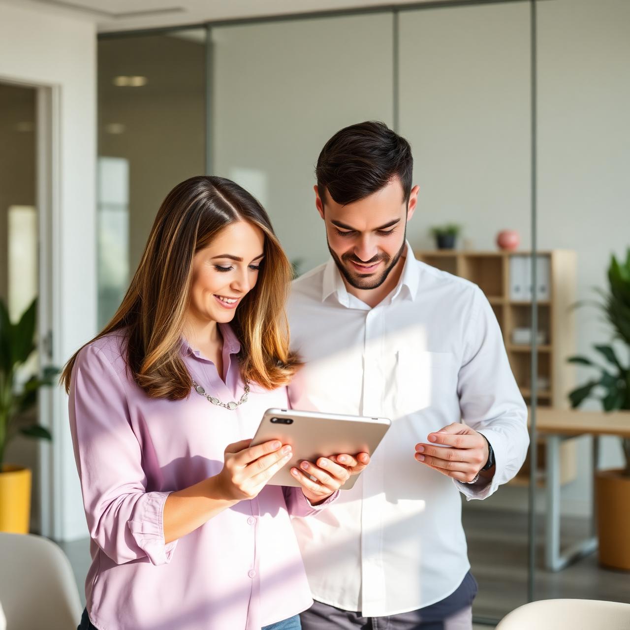 Two colleagues reviewing a candidate shortlist together on a tablet