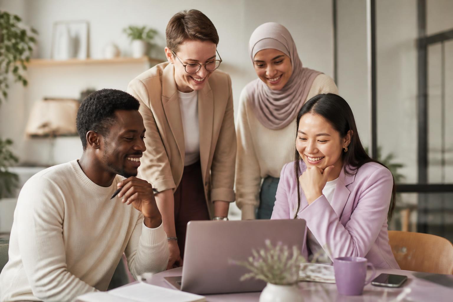 Four diverse professionals collaborating around a laptop