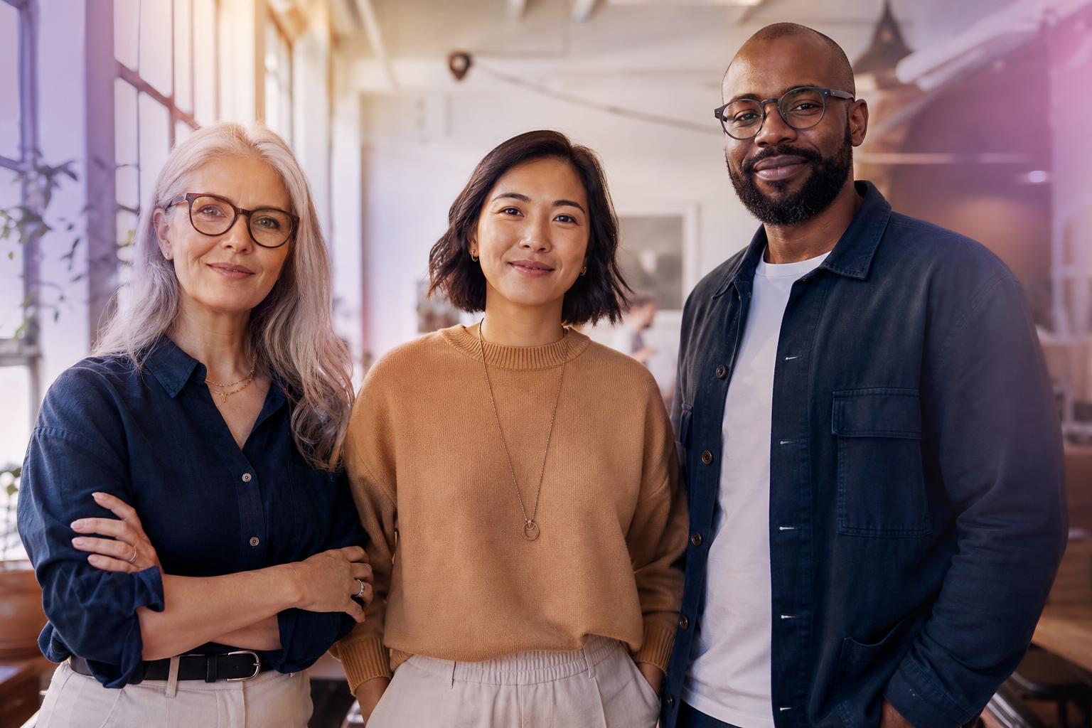 Three diverse professionals standing together in a modern workspace